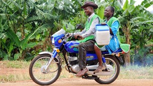 Healthcare workers carrying vaccines on a motorbike to remote communities, Nigeria